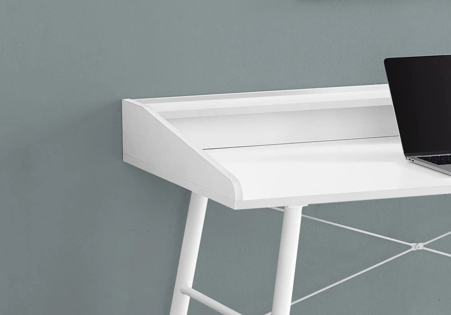 Computer desk white with curved edge and slim legs, laptop on desk top on Tampa Home & Garden Store