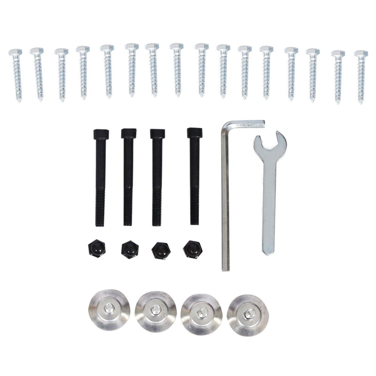 Steel table base spider legs kit with black bolts, screws, washers, hex keys, and wrench on Tampa Home & Garden Store