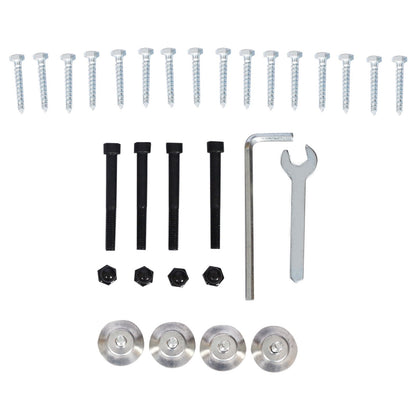 Steel table base spider legs kit with black bolts, screws, washers, hex keys, and wrench on Tampa Home & Garden Store