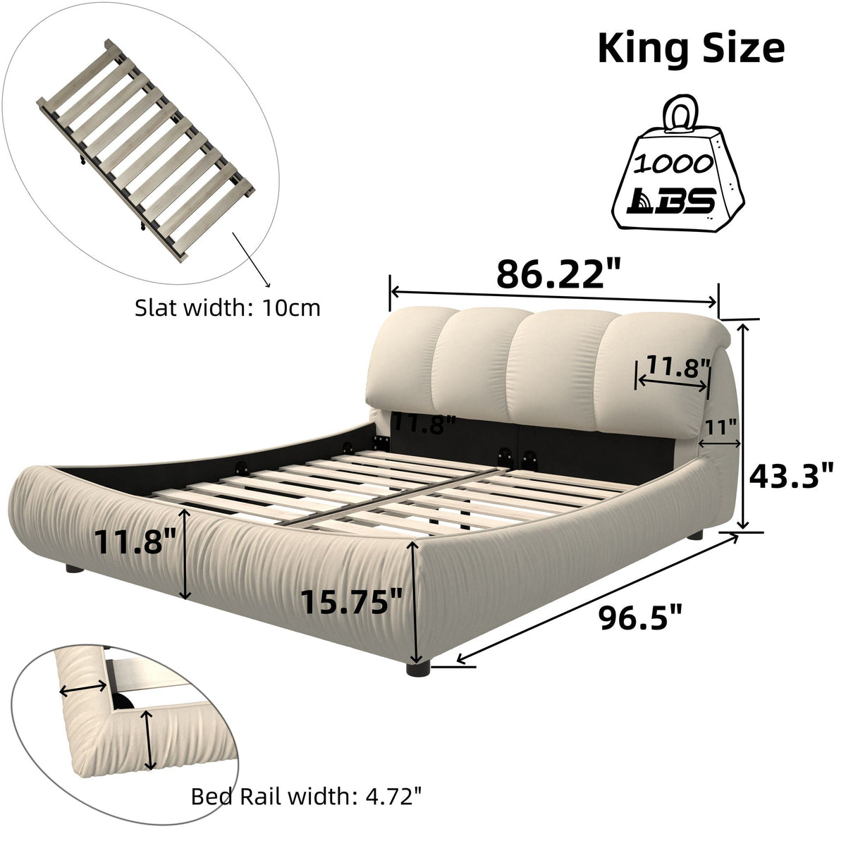 King-size beige upholstered platform bed with oversized padded backrest and solid wood frame on Tampa Home & Garden Store