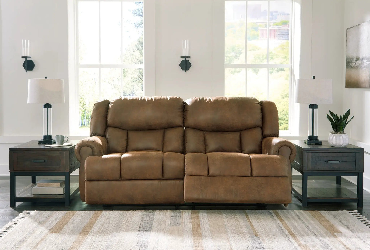 Boothbay 2-seat reclining sofa with brown upholstery and plush cushions on Tampa Home & Garden Store