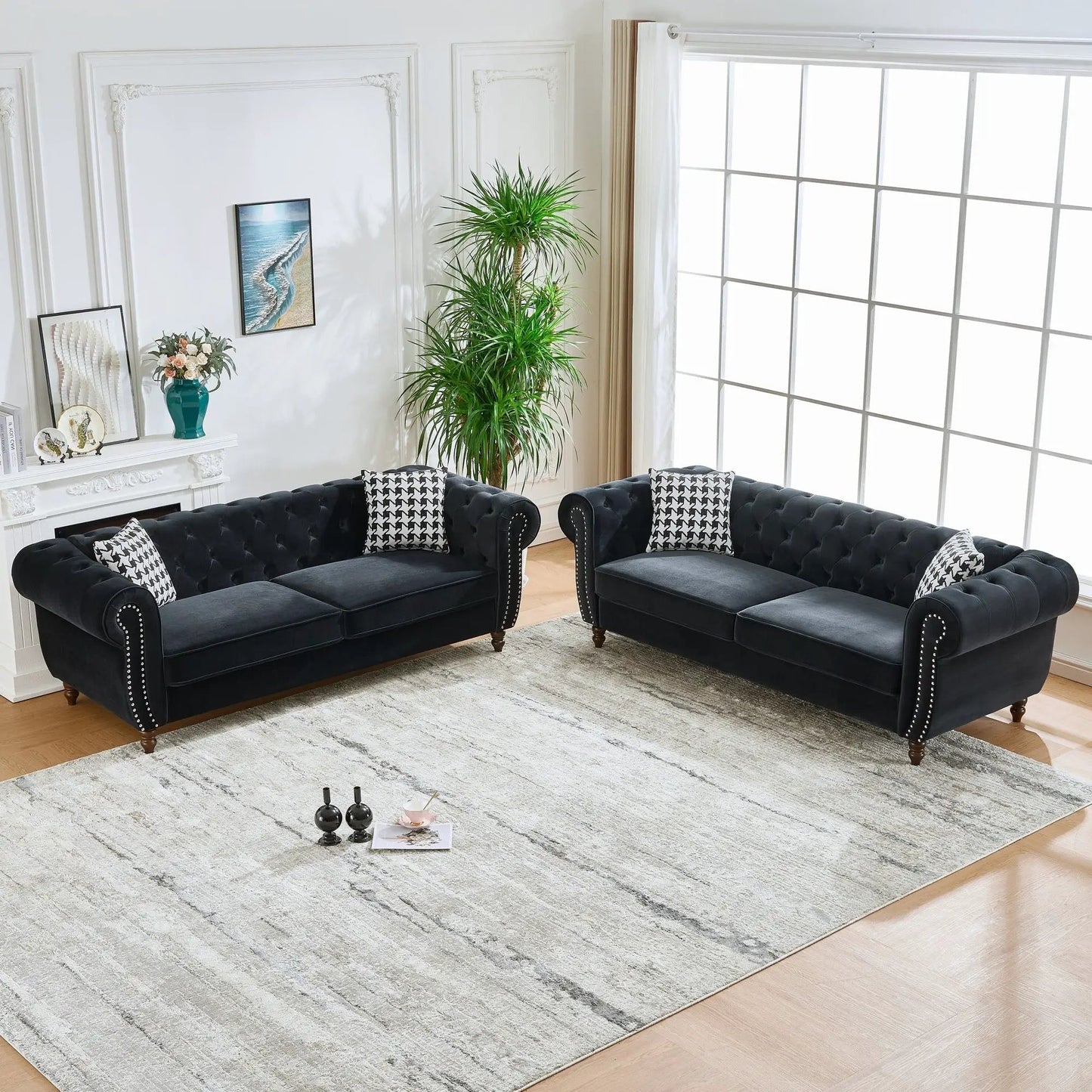 Chesterfield Fabric Sofa set with roll arms and nailhead trim, black velvet 3+3 seater, 2pc set on Tampa Home & Garden Store