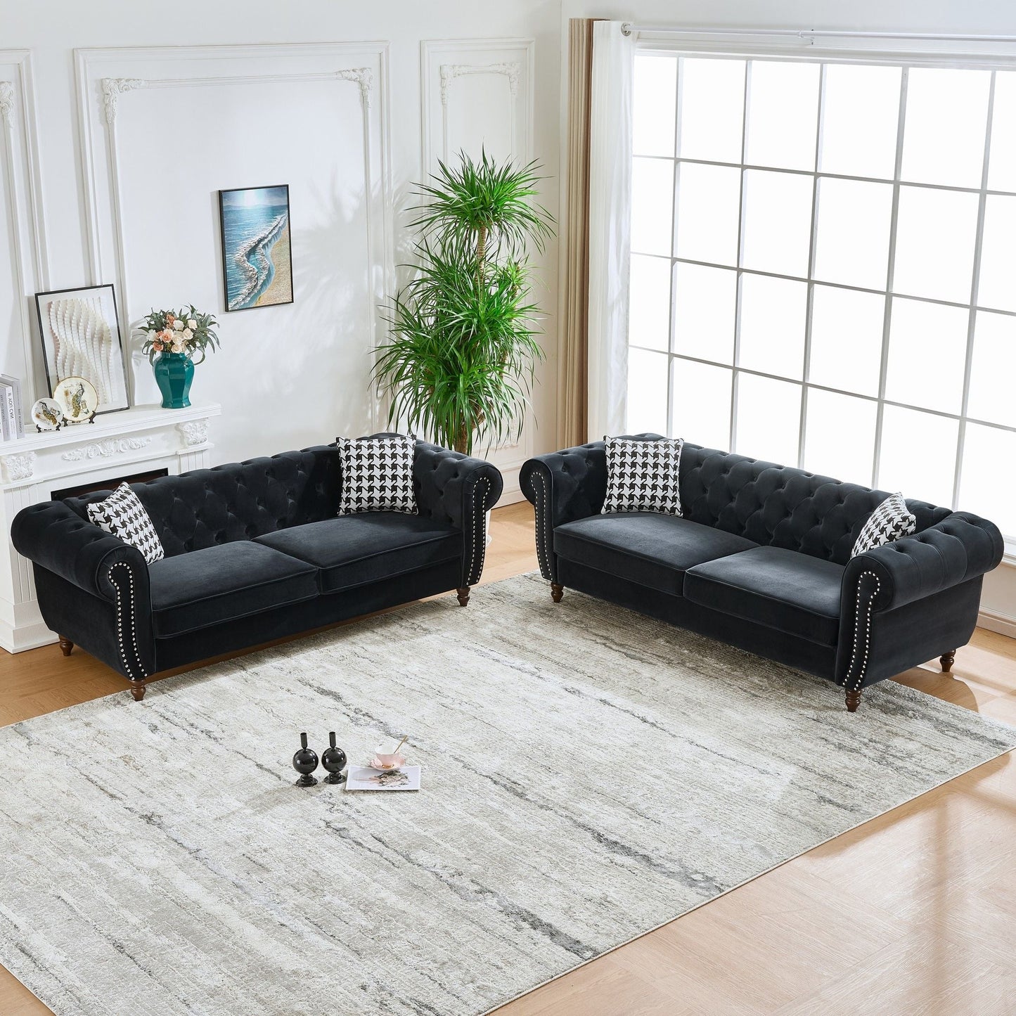 Chesterfield Upholstery Fabric Sofa black velvet roll-arm nailhead trim midcentury 3-seat 2-piece on Tampa Home & Garden Store