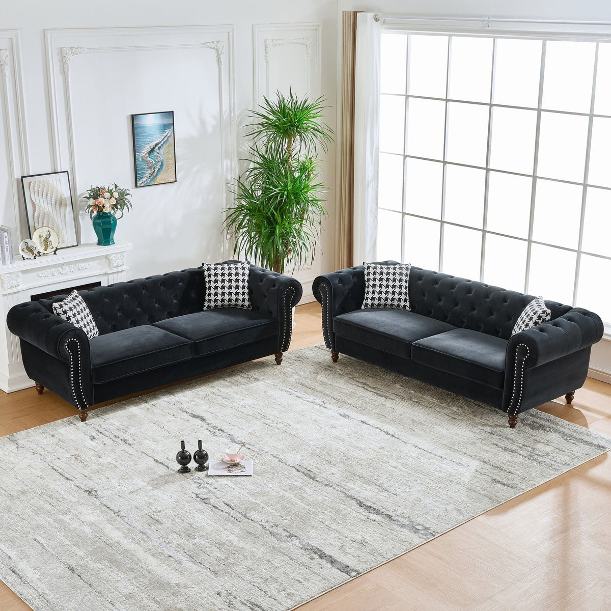 Chesterfield Upholstery Fabric Sofa black velvet roll-arm nailhead trim midcentury 3-seat 2-piece on Tampa Home & Garden Store