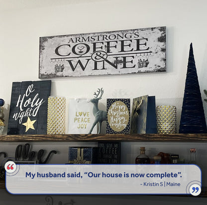 Coffee and Wine Sign Canvas wall art with distressed black-and-white lettering ARMSTRONG'S COFFEE & WINE on Tampa Home & Garden Store