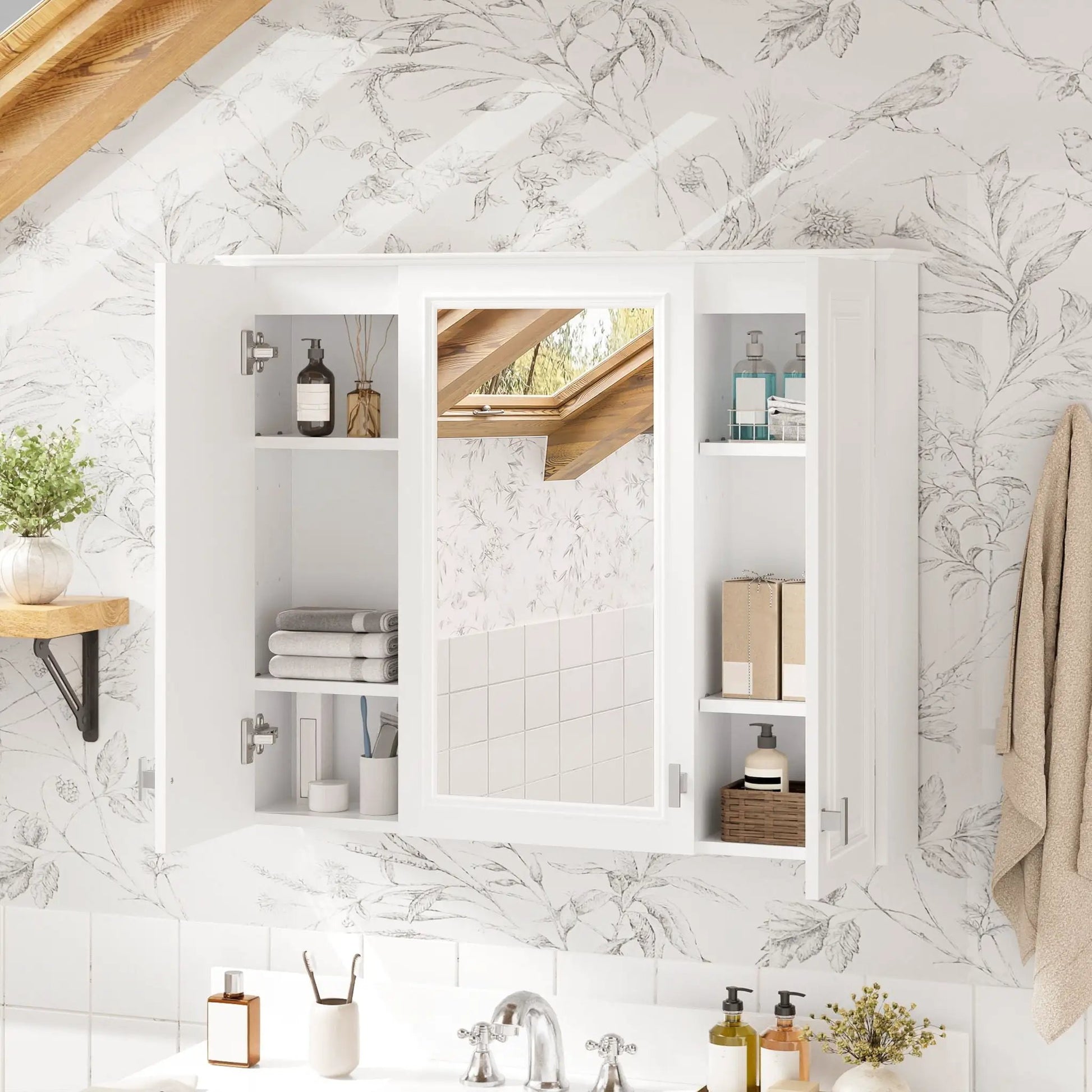 Wall mounted white mirror cabinet with 5 adjustable shelves for bathroom storage on Tampa Home & Garden Store