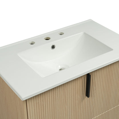 Bathroom vanity with ceramic sink and fluted light-brown wood veneer cabinet, white basin on Tampa Home & Garden Store