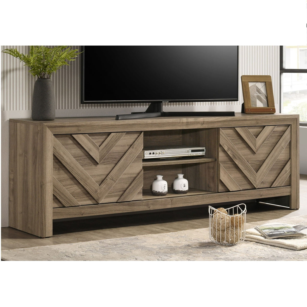 Chevron patterned light brown TV stand with sliding doors, HouseOfZazla console on Tampa Home & Garden Store