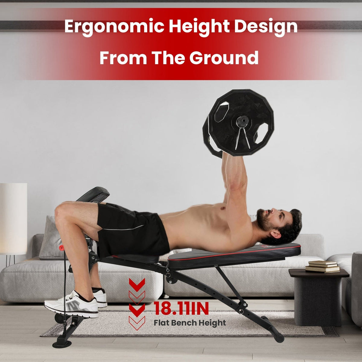 UpTrend adjustable weight bench with preacher curl pad; resistance bands; black-red padded bench on Tampa Home & Garden Store