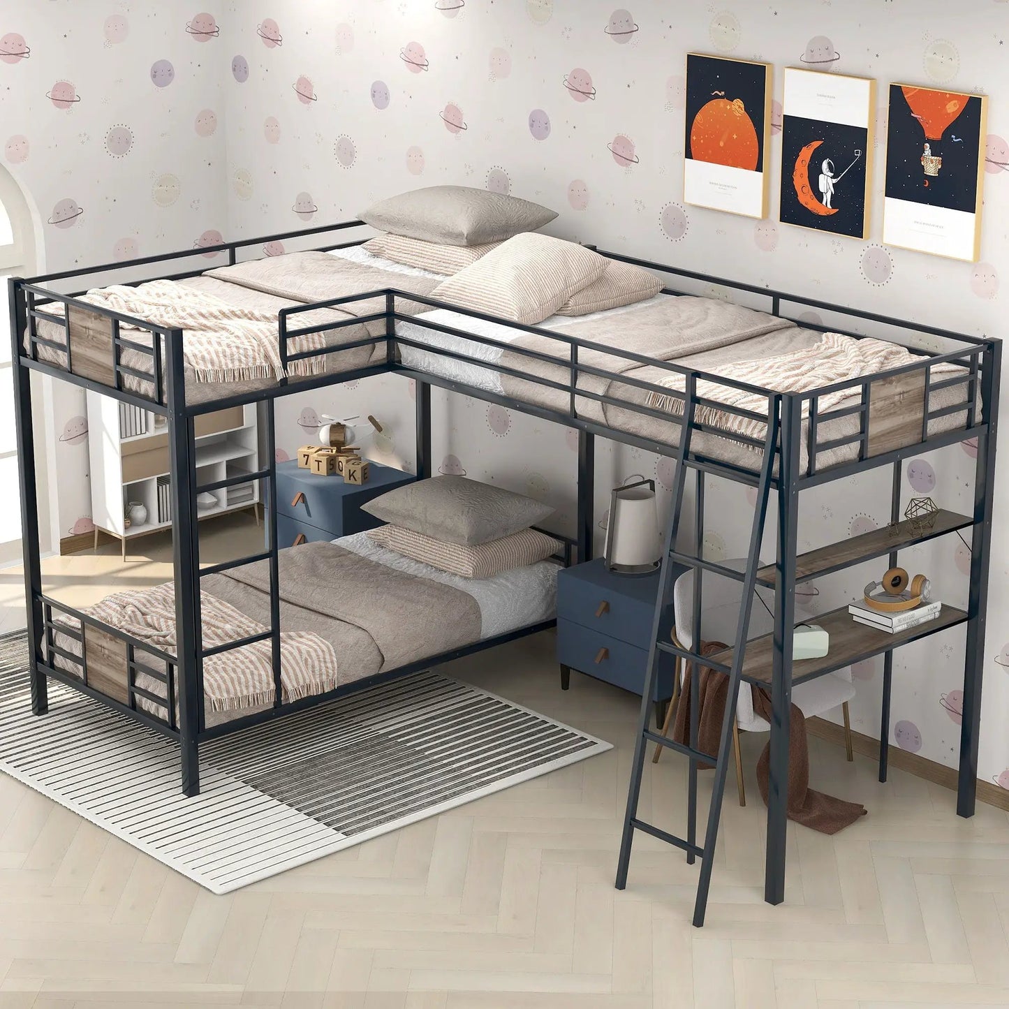 L-shaped twin bunk bed with twin loft, desk & shelf, brown wood accents, black metal frame on Tampa Home & Garden Store
