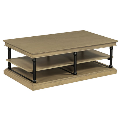 55.1' Wood Coffee Table with Black Legs and open storage shelves, oak, HouseOfZazla on Tampa Home & Garden Store