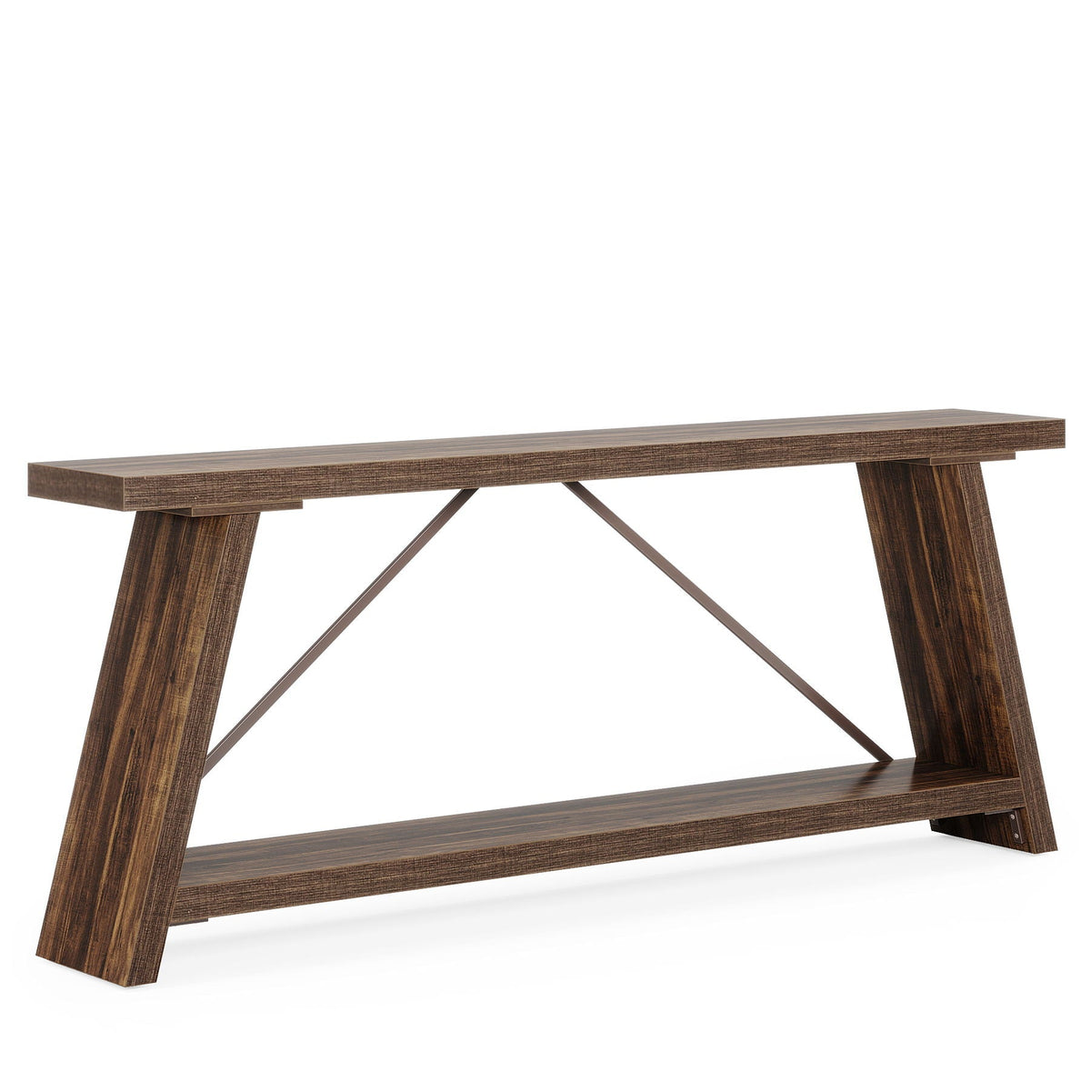 HouseOfZazla extra long console table with 2-tier shelves in dark brown wood and metal frame on Tampa Home & Garden Store