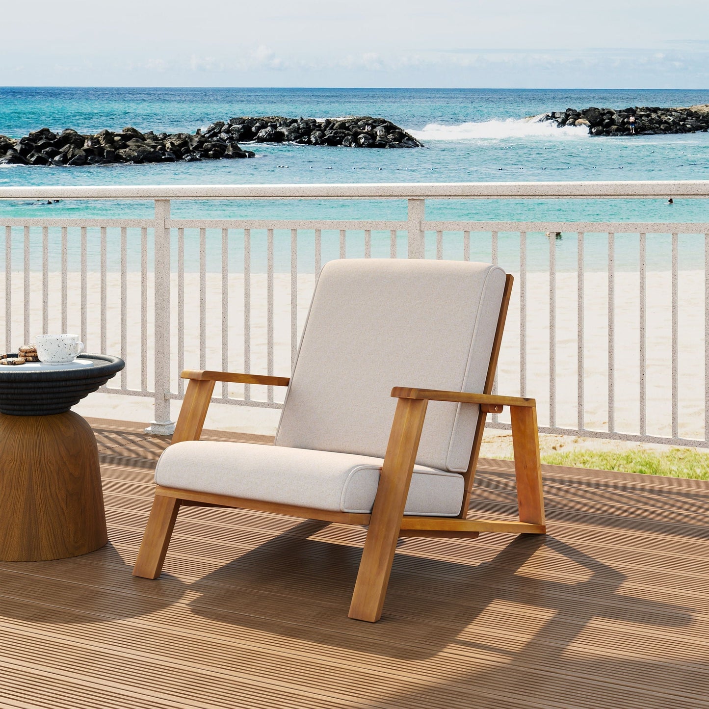 Outdoor Patio Lounge Chair beige cushion with wooden frame and arms HouseOfZazla club chair on Tampa Home & Garden Store
