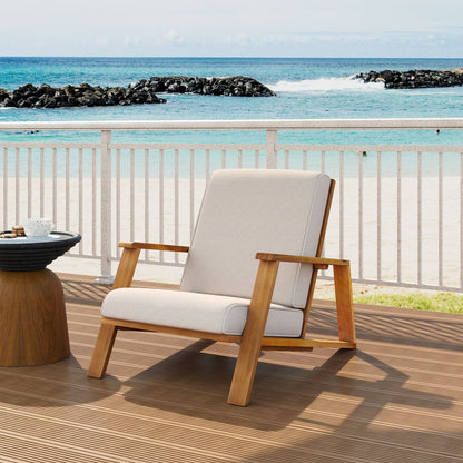 Outdoor Patio Lounge Chair beige cushion with wooden frame and arms HouseOfZazla club chair on Tampa Home & Garden Store