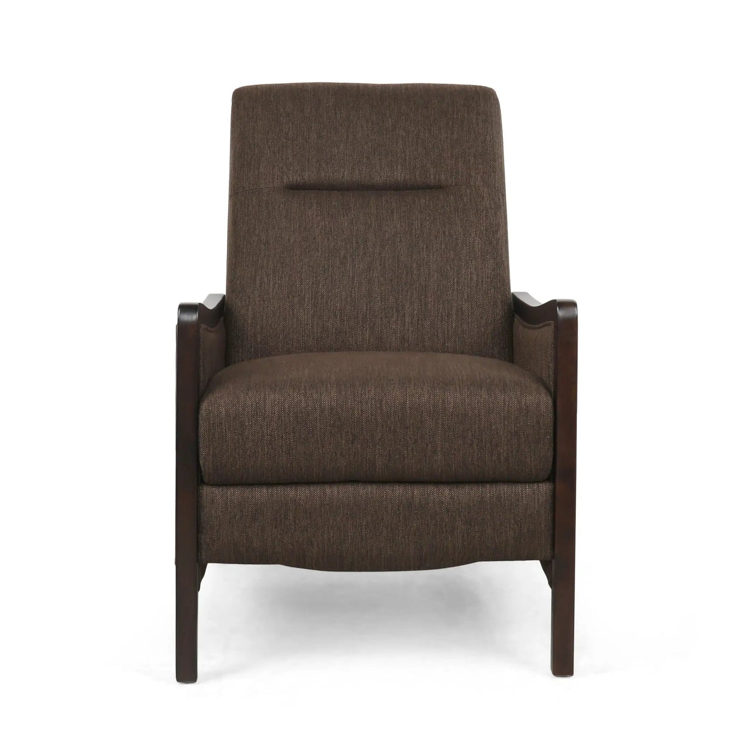 Drury Contemporary Fabric Upholstered Pushback Recliner brown fabric with wood arms on Tampa Home & Garden Store