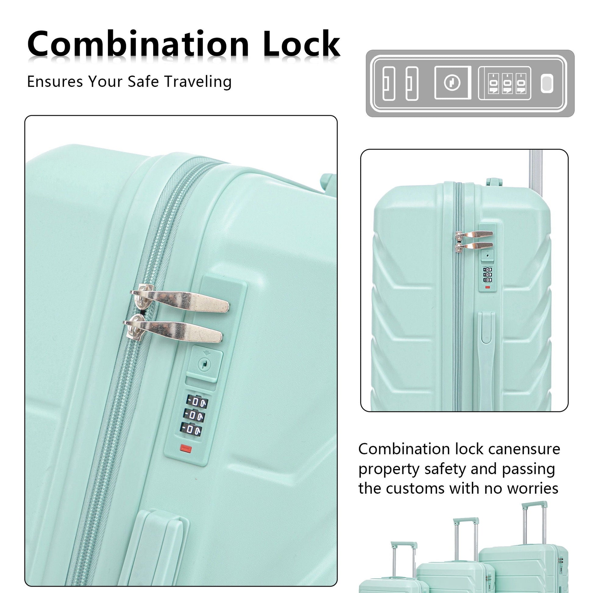 3-piece mint-green spinner luggage set with 20/24/28 inch cases and combo locks on Tampa Home & Garden Store