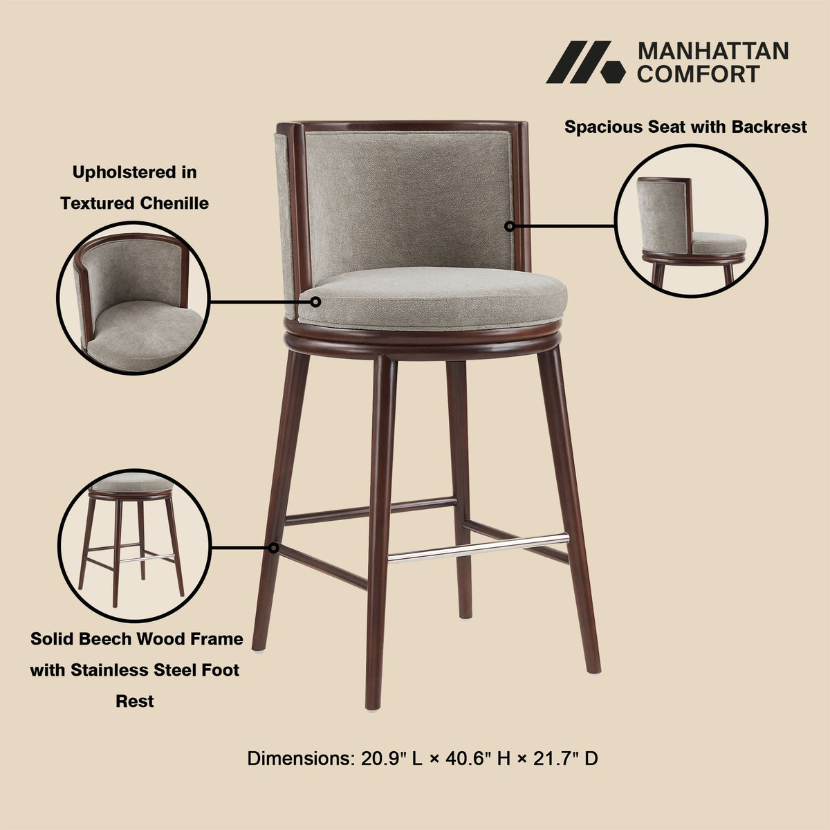 Evalyn Dove Barstool by HouseOfZazla, griege chenille upholstery, beech wood frame on Tampa Home & Garden Store