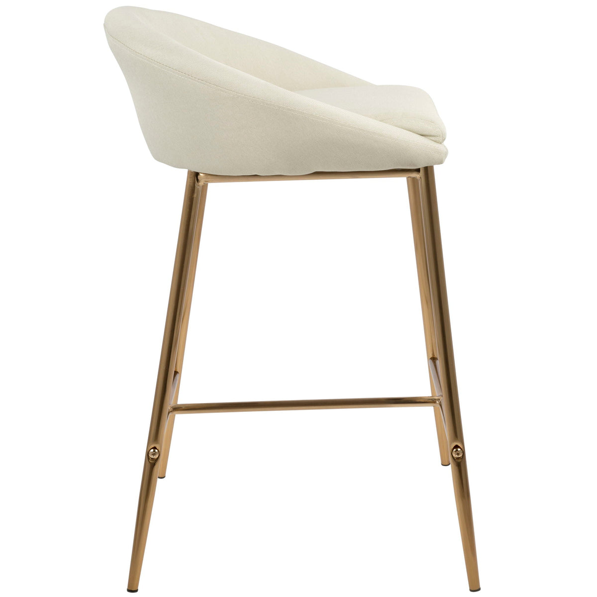 Glam counter stool with curved beige upholstered seat and gold-toned metal legs on Tampa Home & Garden Store