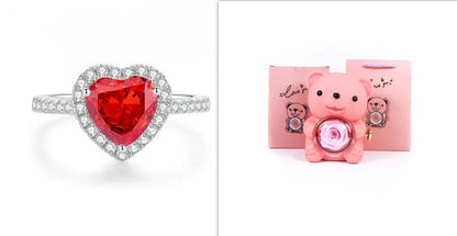 Two-item gift: heart-shaped red gemstone ring with diamond halo and pink teddy bear box on Tampa Home & Garden Store