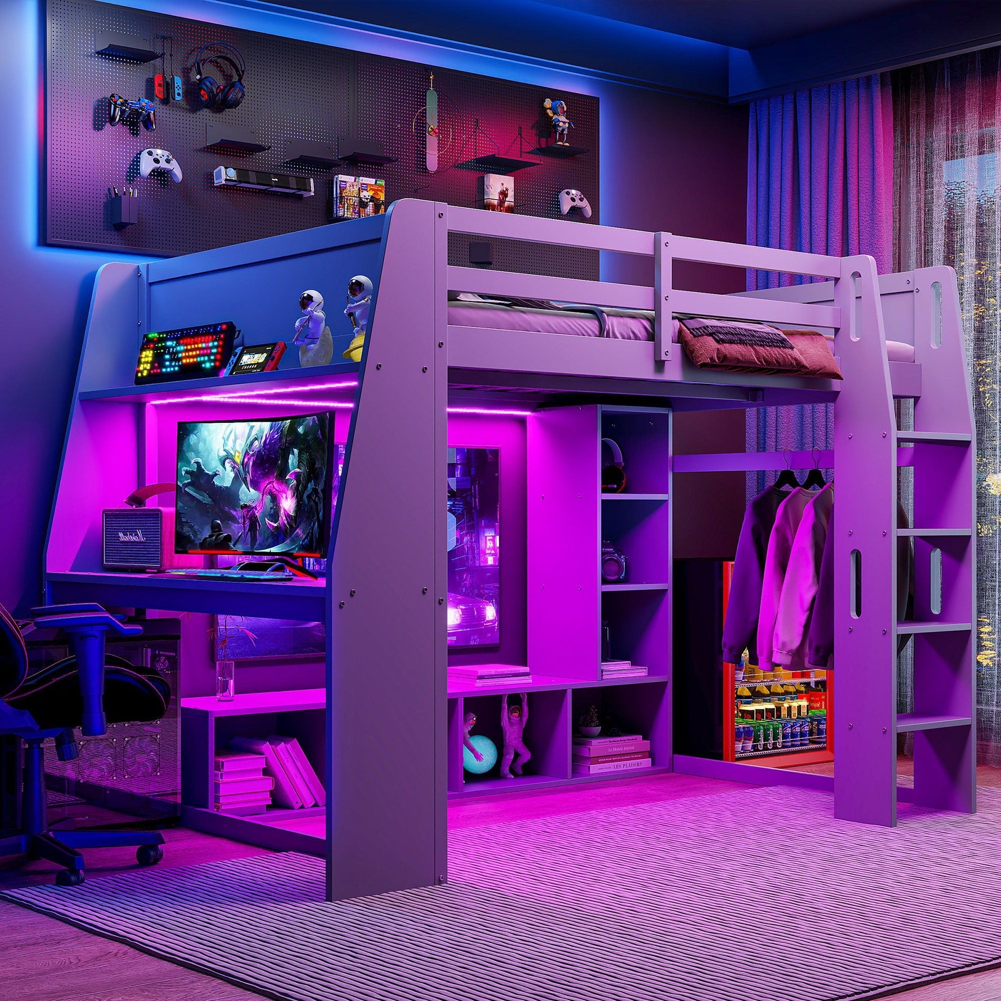 Full-size gaming loft bed in gray with desk, LED lighting, and hanging clothes rack on Tampa Home & Garden Store