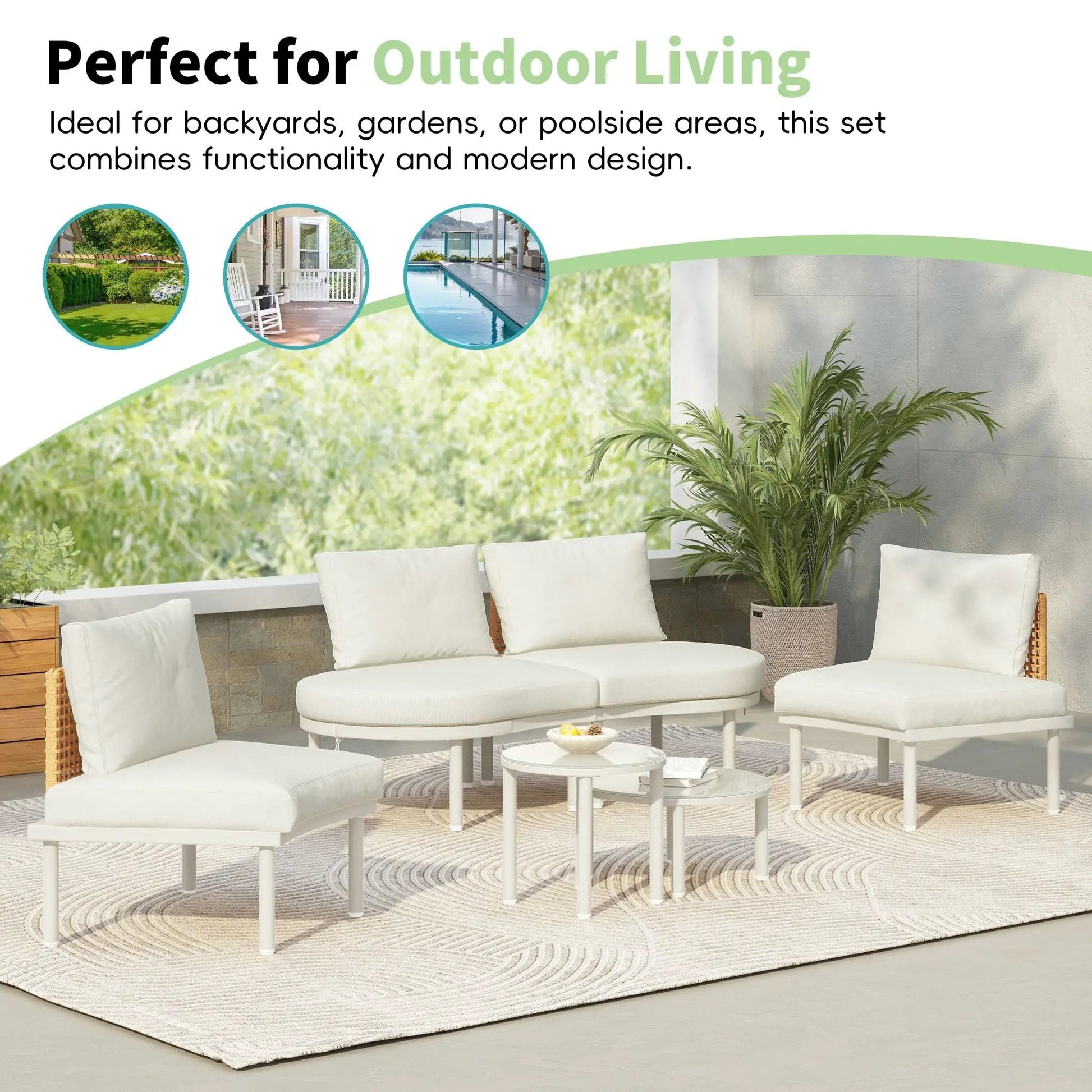 6 piece patio set white half-moon sectional with 2 high-low coffee tables and 4 cushions on Tampa Home & Garden Store
