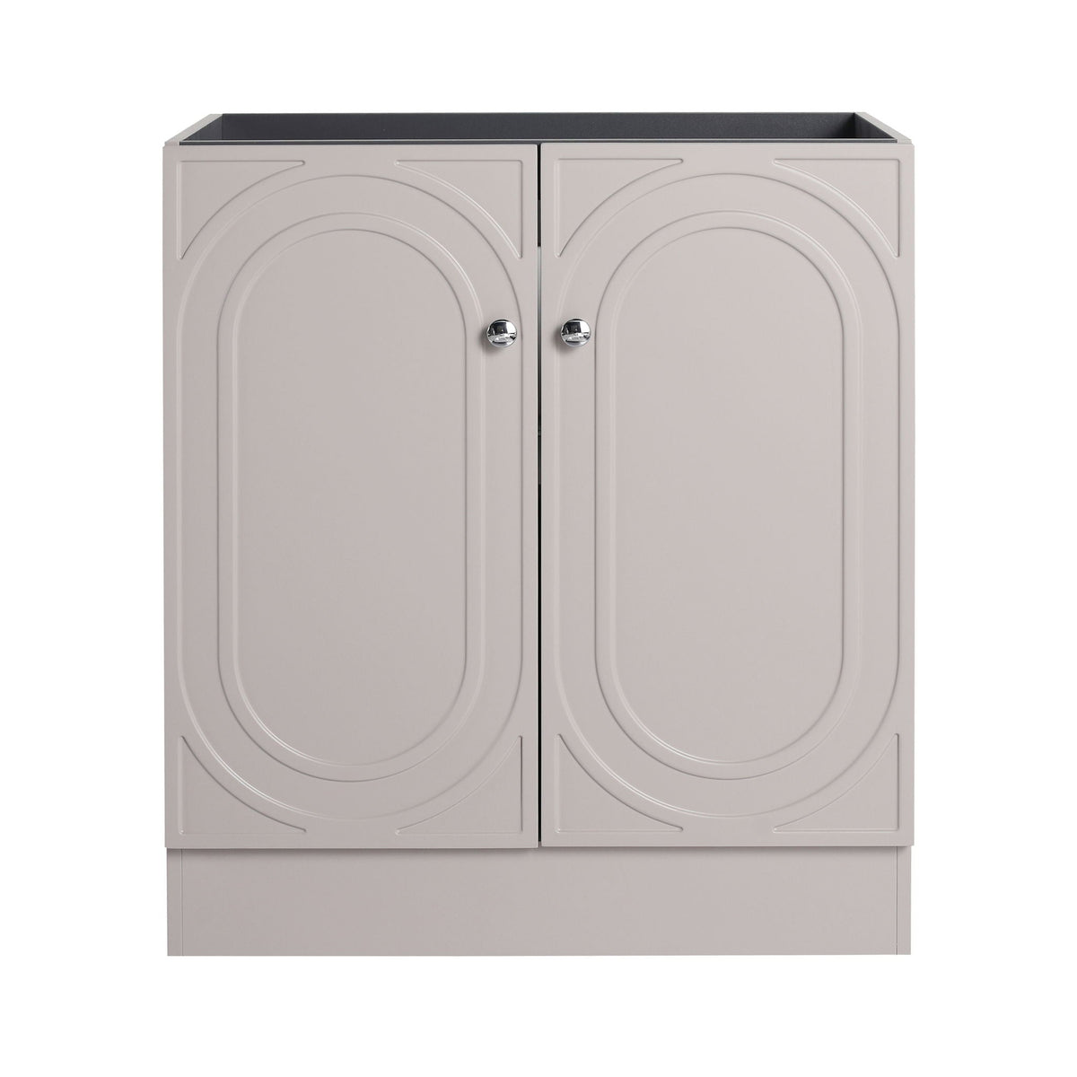 Freestanding vanity by HouseOfZazla, pale gray with circular door panels and chrome knobs on Tampa Home & Garden Store