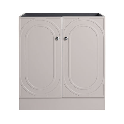 Freestanding vanity by HouseOfZazla, pale gray with circular door panels and chrome knobs on Tampa Home & Garden Store