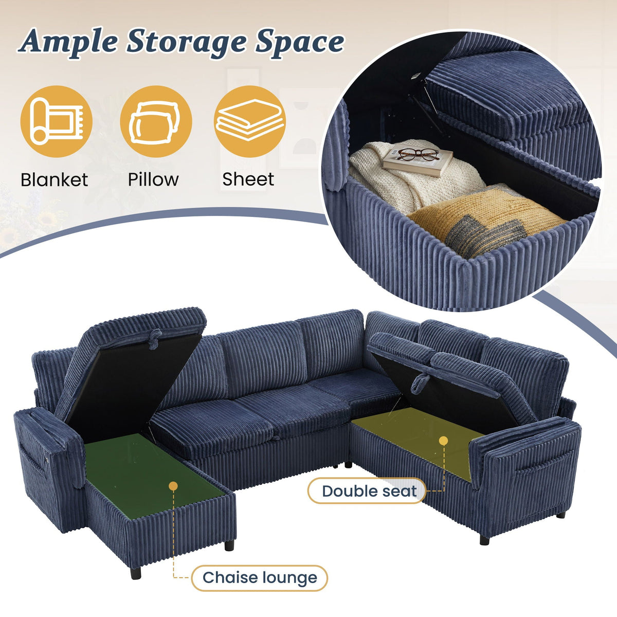 HouseOfZazla convertible U-shaped sectional sofa bed with USB ports and blue upholstery on Tampa Home & Garden Store