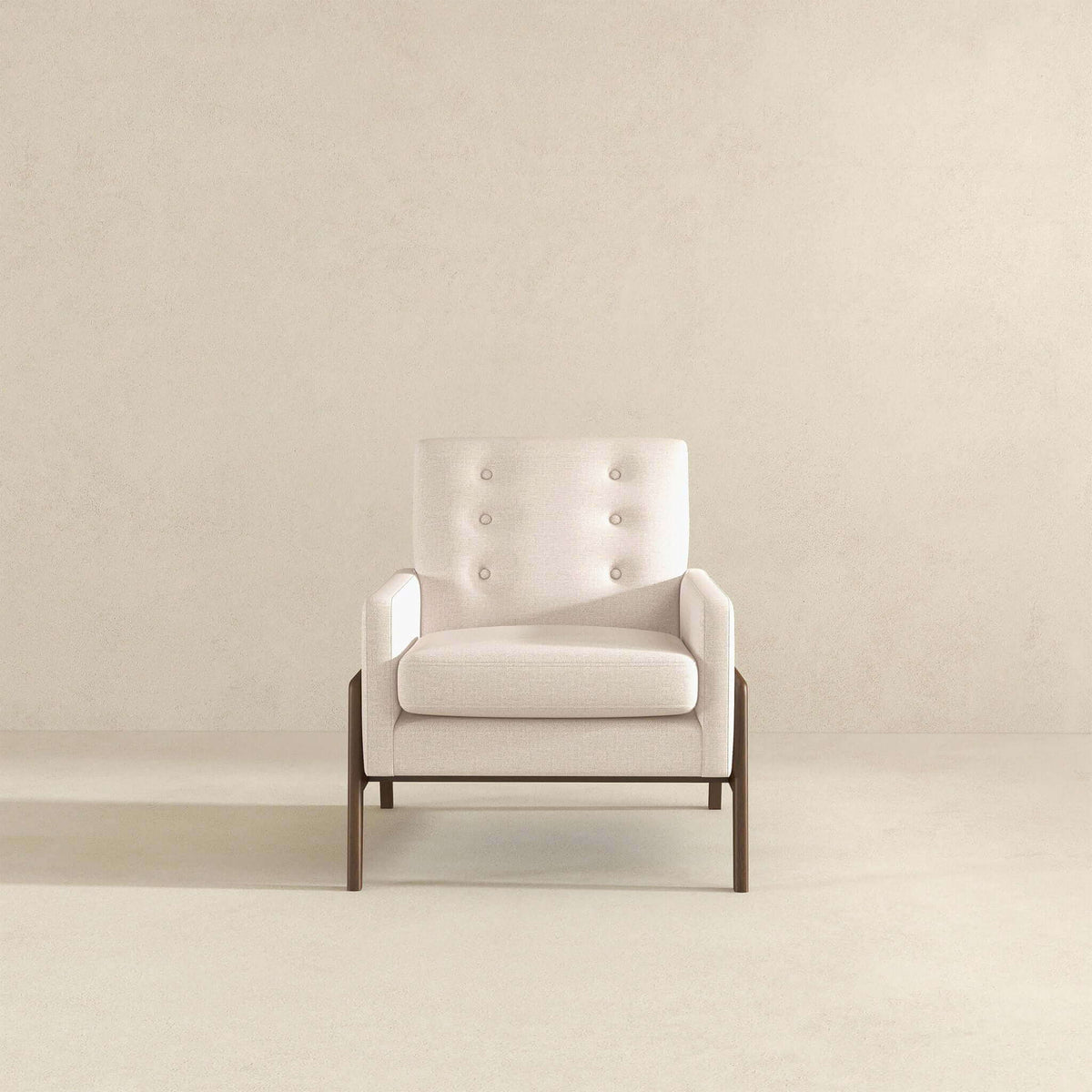 Cole Solid Wood Lounge Chair, beige upholstered armchair with tufted back and wood legs on Tampa Home & Garden Store