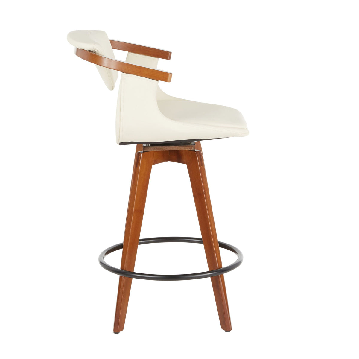 HouseOfZazla mid century modern counter stool swivel cream upholstery wood arms black footring on Tampa Home & Garden Store