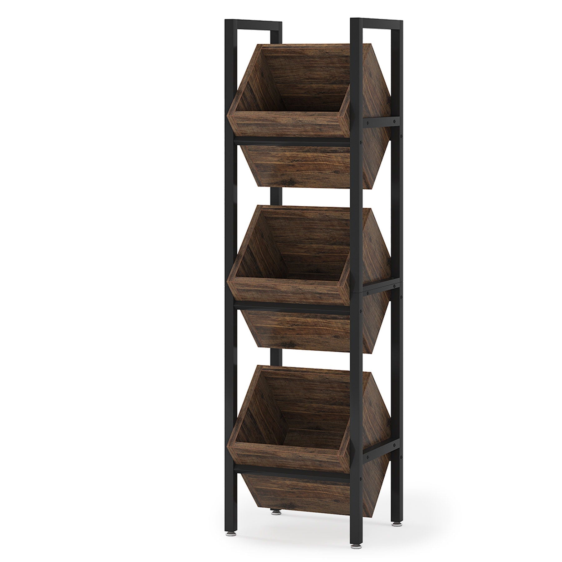 HouseOfZazla 3-tier basket stand with angled brown wood baskets on black metal frame on Tampa Home & Garden Store