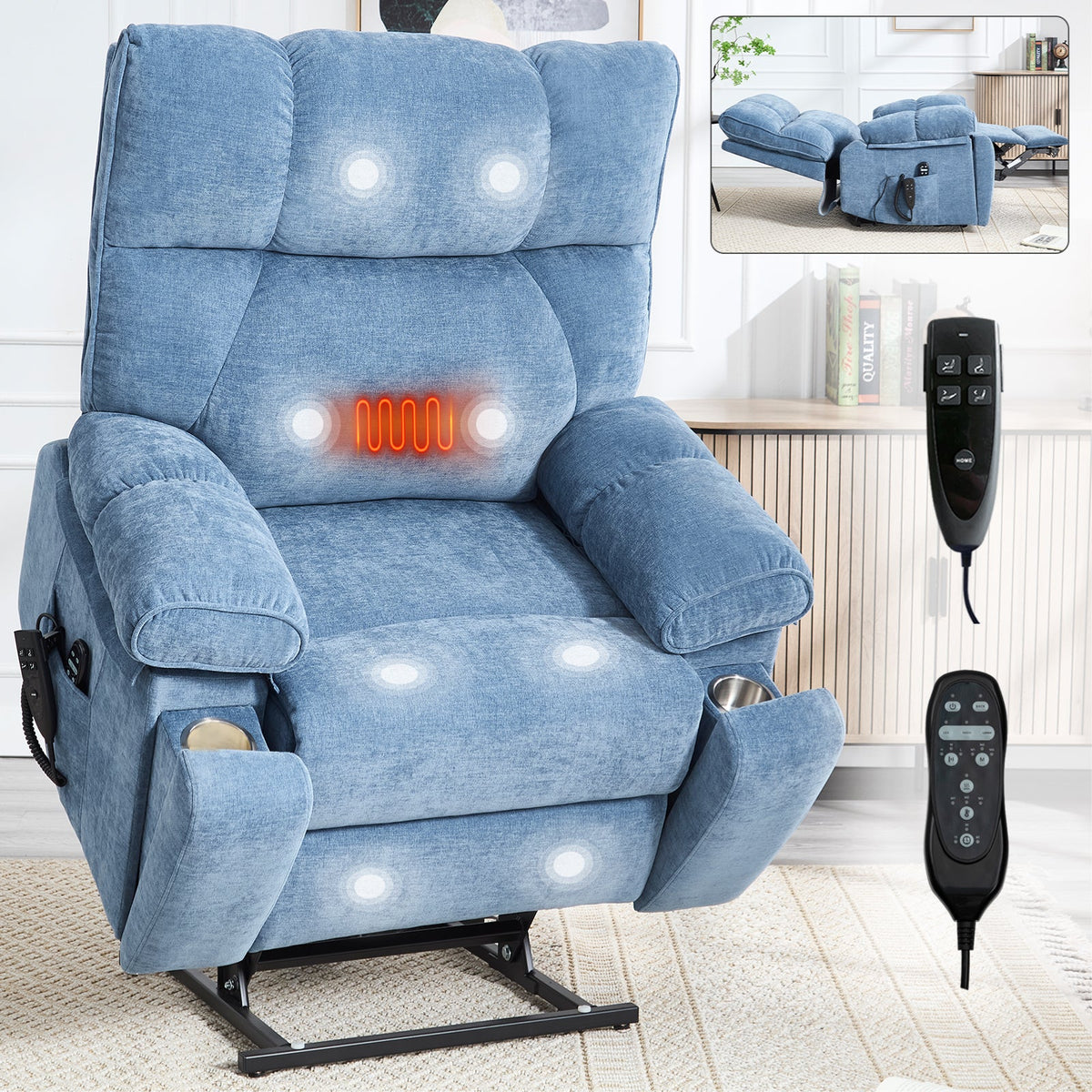 Blue Heat Massage Dual Motor Lift Recliner Chair by HouseOfZazla, blue fabric upholstery on Tampa Home & Garden Store