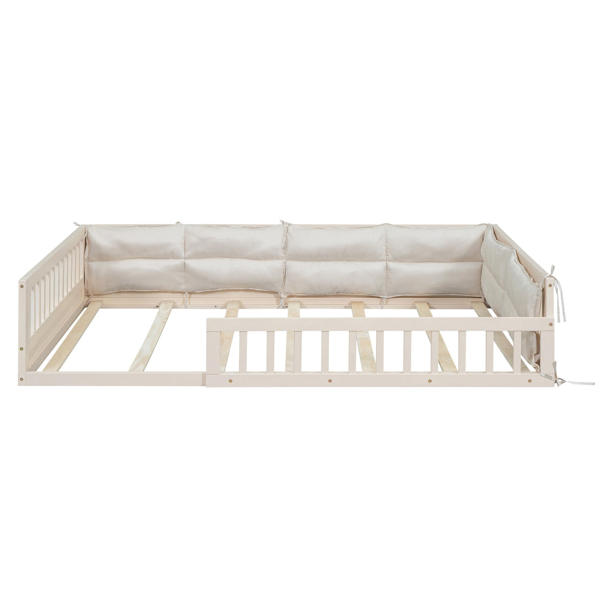 Wood full-size upholstered platform bed with guardrails and beige cushions on Tampa Home & Garden Store