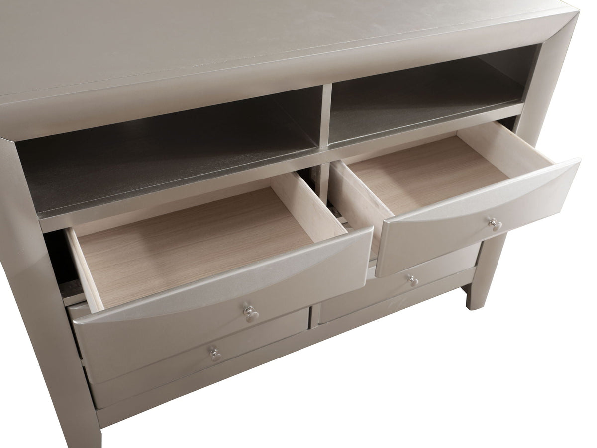 Media chest with gray metallic finish and beveled fronts, open cubby shelf on Tampa Home & Garden Store