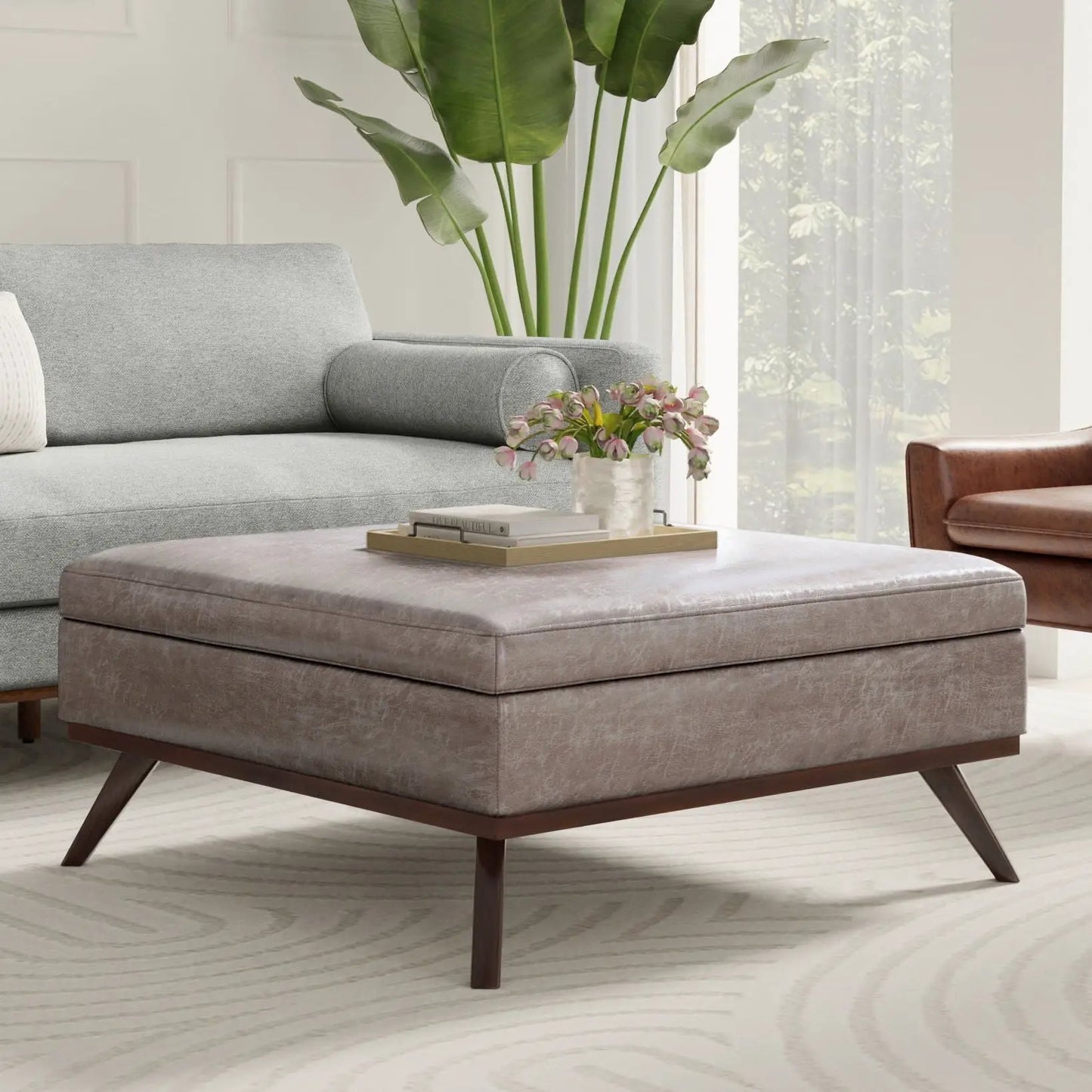 Owen multifunctional square coffee table storage ottoman in beige fabric with wooden legs on Tampa Home & Garden Store