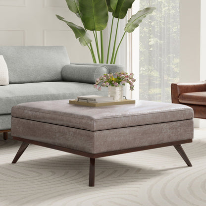 Square Lift Top Coffee Table and Storage Ottoman in gray-brown fabric with angled wood legs on Tampa Home & Garden Store