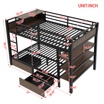 Full size metal bunk bed with storage shelves and USB power strip, black frame, HouseOfZazla on Tampa Home & Garden Store