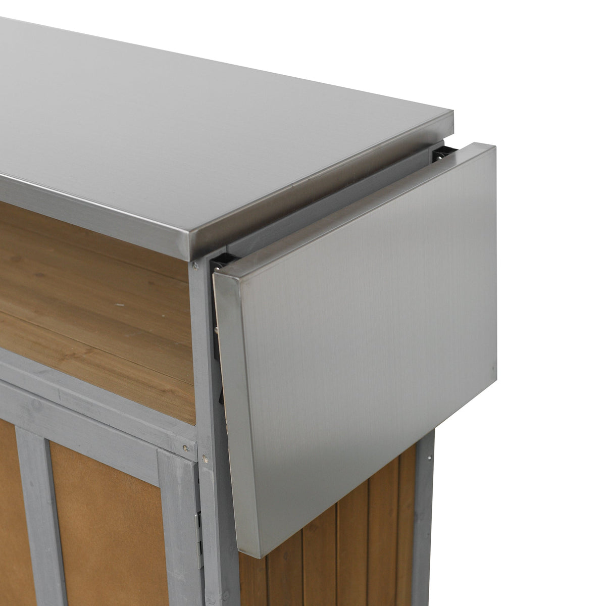 Foldable outdoor kitchen island cart with a stainless steel top, grey metal body, and wood base on Tampa Home & Garden Store