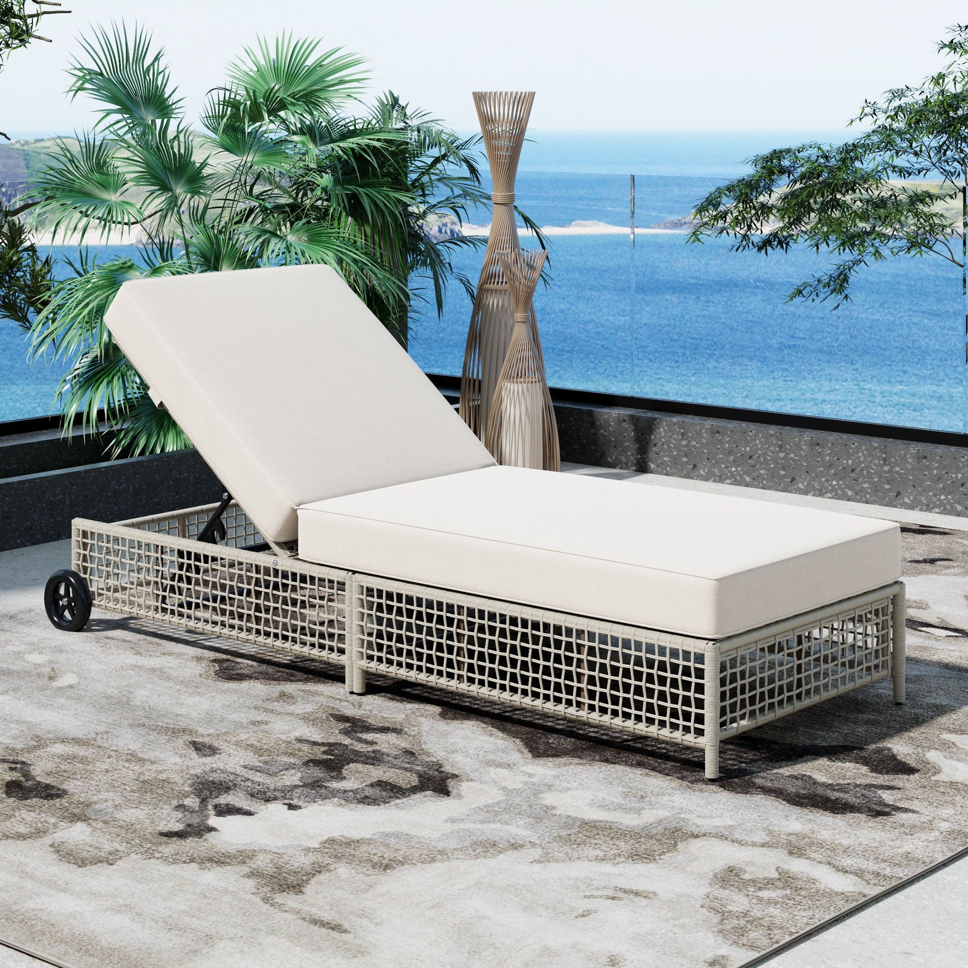 Outdoor chaise lounge with 5-position backrest, beige cushions, wheeled wicker base on Tampa Home & Garden Store
