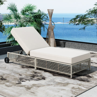 Outdoor chaise lounge with 5-position backrest, beige cushions, wheeled wicker base on Tampa Home & Garden Store