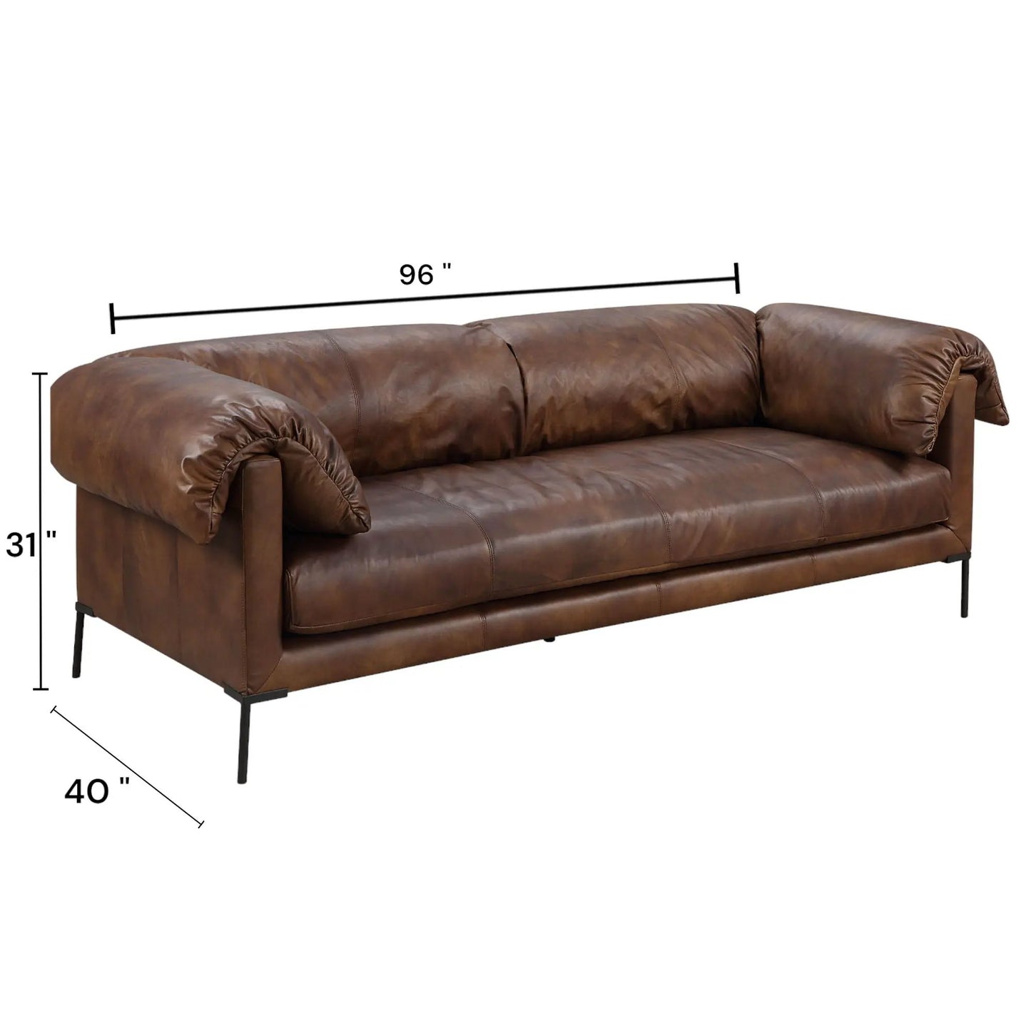 Jaron Leather Sofa Mocha by Unique Piece Furniture, 96in stationary sofa with metal legs on Tampa Home & Garden Store
