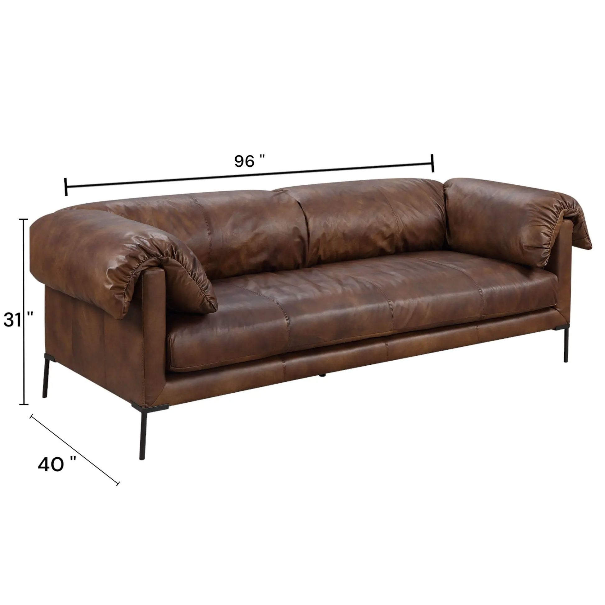 Jaron Leather Sofa Mocha by Unique Piece Furniture, 96in stationary sofa with metal legs on Tampa Home & Garden Store