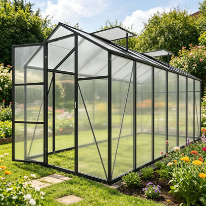 Windproof greenhouse with raised base, black frame and polycarbonate panels on Tampa Home & Garden Store