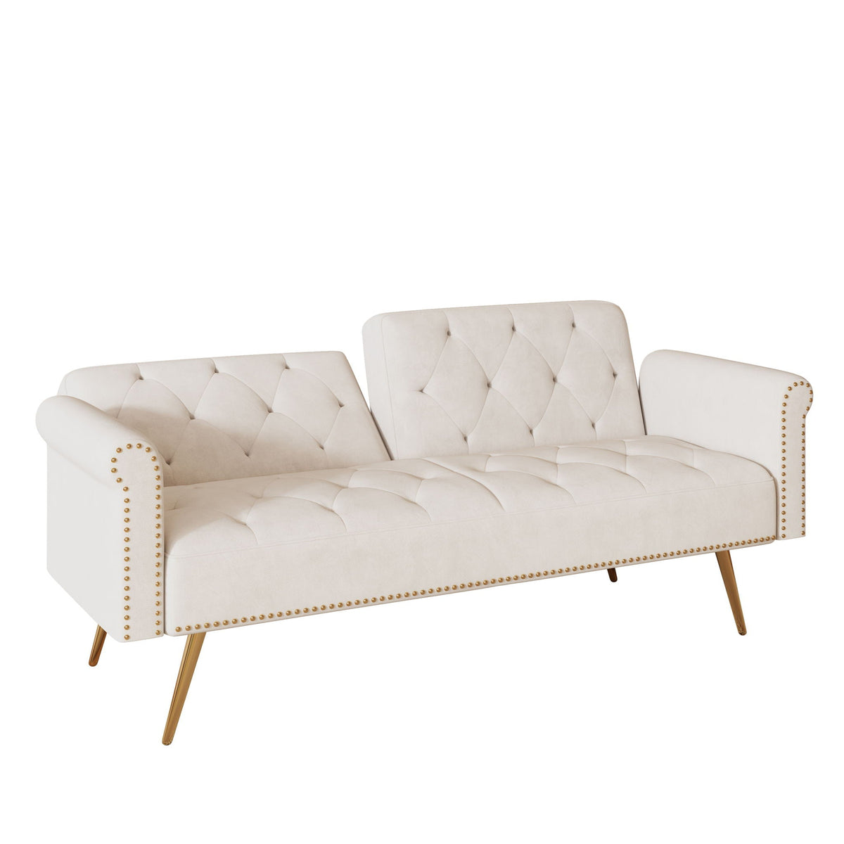 Velvet sofa bed with nailhead trim and matching pillow in cream, tufted cushions, gold legs on Tampa Home & Garden Store