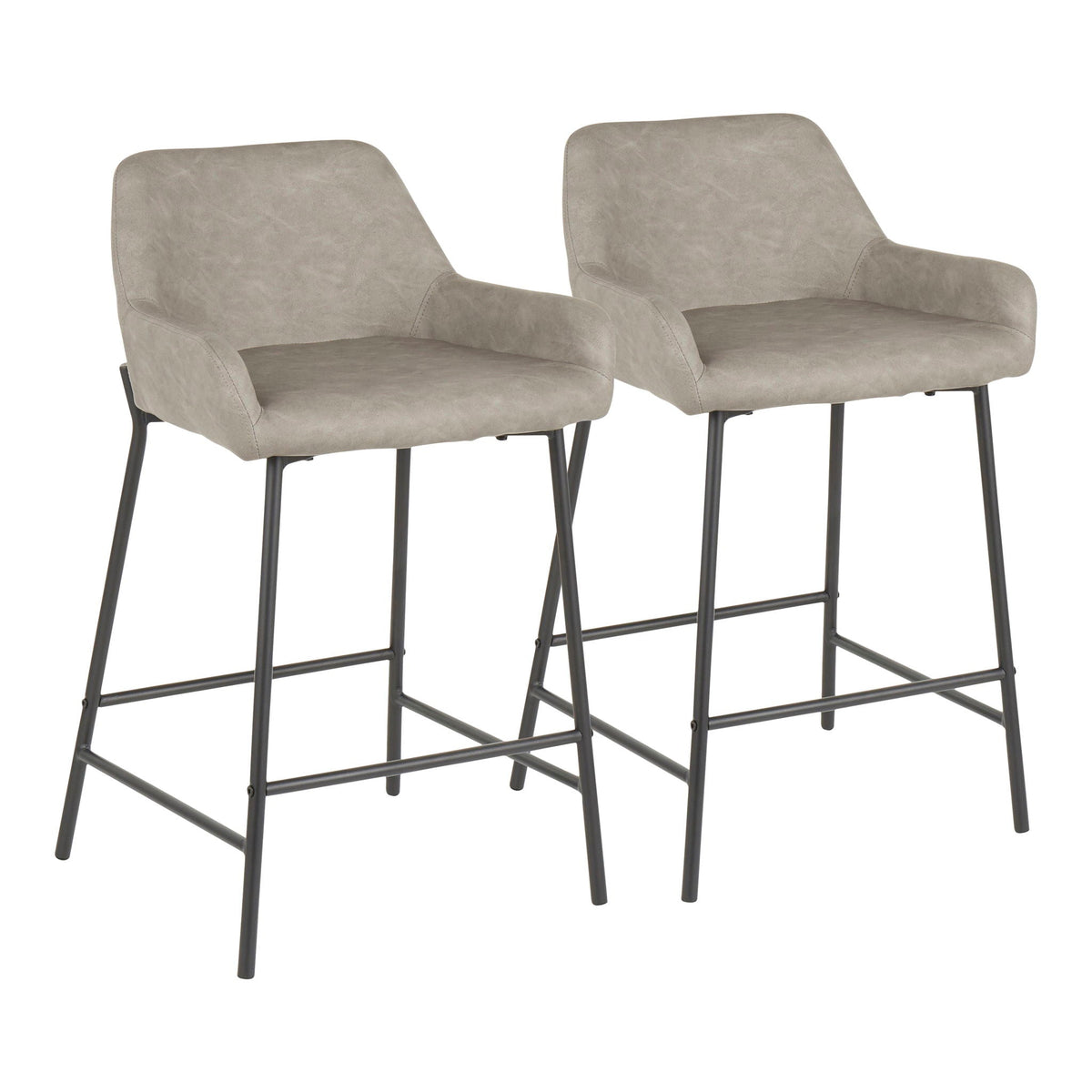 Two industrial fixed-height counter stools with upholstered taupe seats and black metal legs on Tampa Home & Garden Store