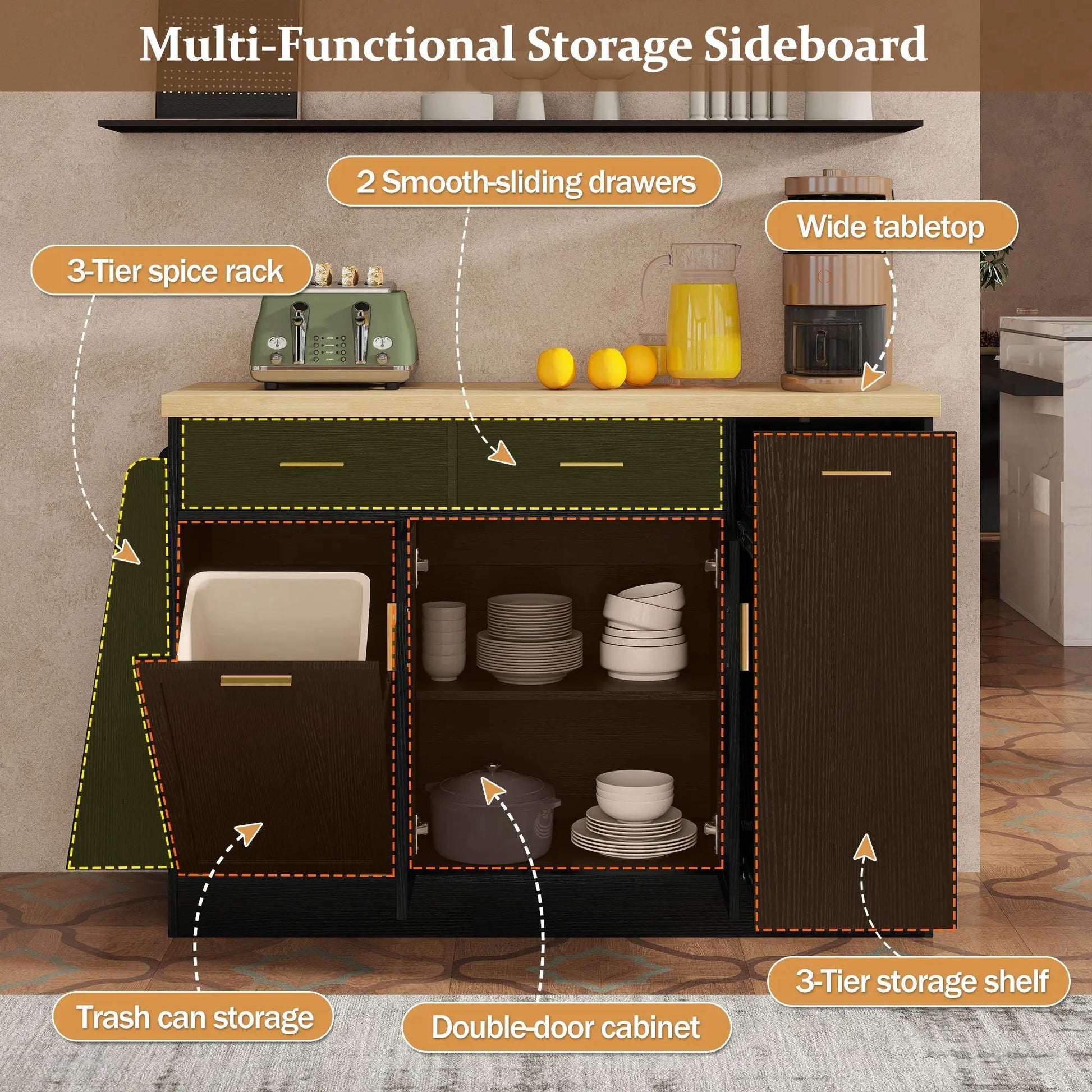 Kitchen sideboard with sliding doors and 3-tier spice rack by Unique Piece Furniture on Tampa Home & Garden Store