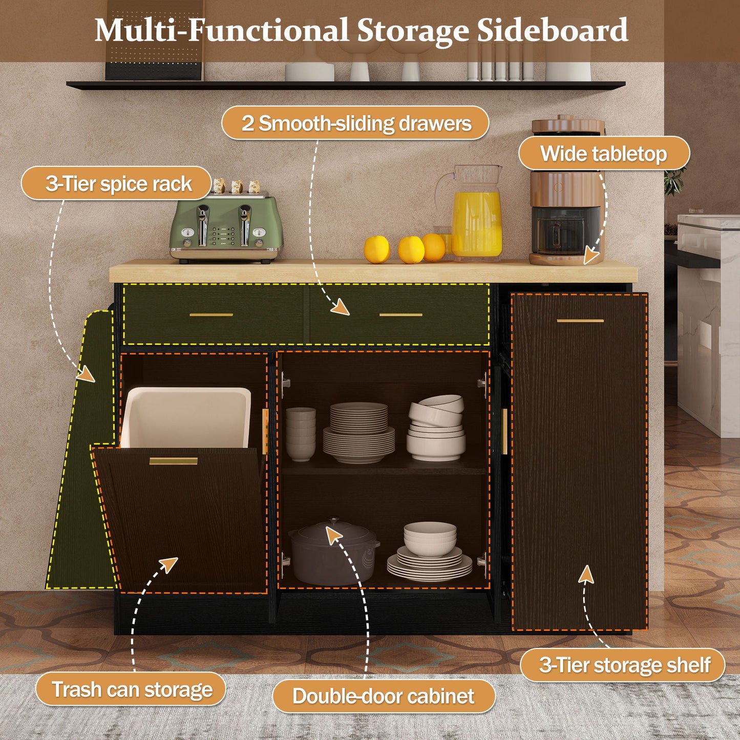Kitchen Sideboard and Cabinet with Spice Rack