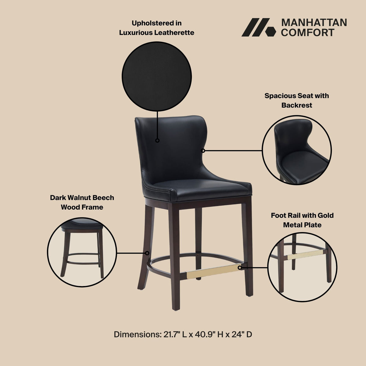 Blair Counter Stool with Backrest in black leatherette, dark walnut frame, counter height on Tampa Home & Garden Store