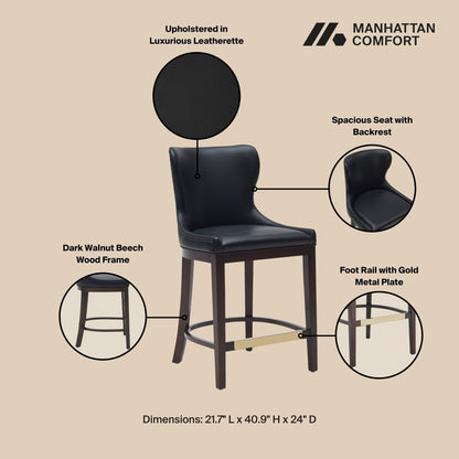 Blair Counter Stool with Backrest in black leatherette, dark walnut frame, counter height on Tampa Home & Garden Store