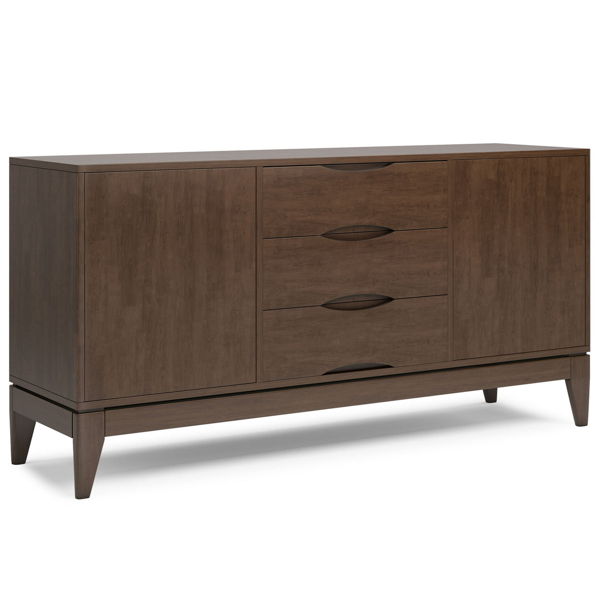 Solid wood sideboard with cabinet doors and curved drawer pulls in dark walnut on tapered legs on Tampa Home & Garden Store